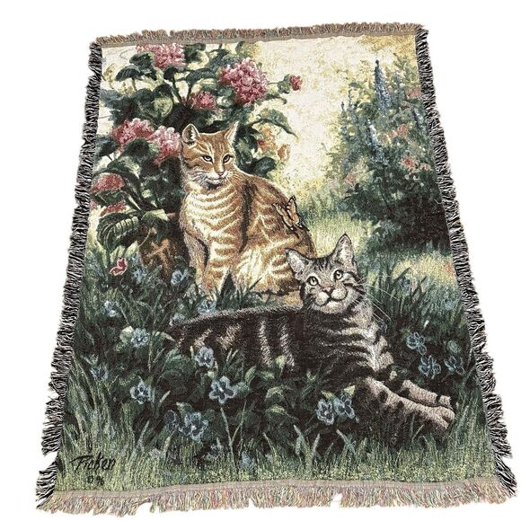 Vintage 1996 Large Cat Kittens Linda Pickens Flowers Tapestry Throw Blanket - Picture 1 of 5